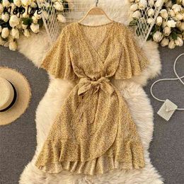 Neploe Vintage Print Bohemian Holiday Dress Women High Waist Hip Sashes A Line Vestidos V Neck Short Sleeve Summer Robe 210423
