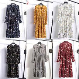 Women Casual Autumn Dress Lady Korean Style Vintage Floral Printed Chiffon Shirt Dress Long Sleeve Bow Midi Summer Dress Vestido X0521