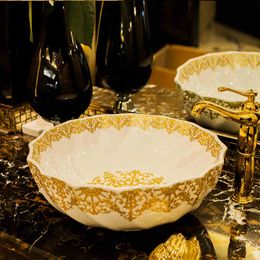 Gold Round Jingdezhen Bathroom ceramic sink wash basin Porcelain Counter Top Wash Basin Bathroom Sinks white porcelain sink