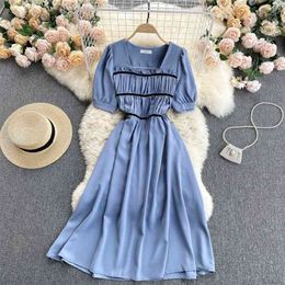 Sweet Women's Fashion Summer Square Neck Fold Slim Short Sleeve Casual A-line Dress Harajuku Vestido De Mujer S368 210527