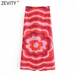 Zevity Women Vintage Striped Floral Print Casual A Line Midi Skirt Faldas Mujer Female Chic Back Zipper Split Vestido QUN777 210603