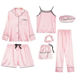 Pink Women's 7 Pieces Pyjamas Sets Faux Silk Striped Pyjama Women Sleepwear Spring Summer Autumn Homewear 210830