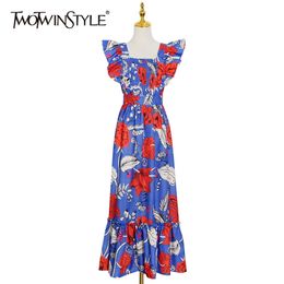 Hollow Out Print Dress For Women Square Collar Short Sleeve High Waist Vintage Dresses Female Fashion Style 210520