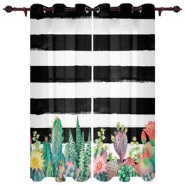 Curtain & Drapes Watercolour Stripes Cactus Window Curtains For Living Room Kitchen With Valance Kids Home Decor