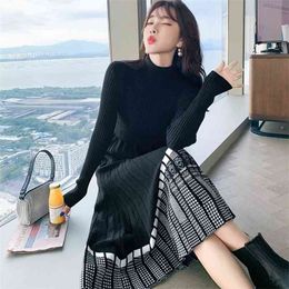 Luxury Houndstooth Long Knit Pleated Dress Women Fall Winter Half Turtleneck Patchwork Chic Thick Black Warm Sweater Femme 210520