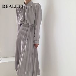 Solid Vintage Dress Korean Style Long Sleeve High Waist Office Ladies Stand Neck Midi Pleated Dresses Female SDR064 210428