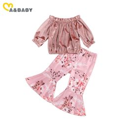 6M-5Y Velvet Toddler Kid Baby Girl Clothes Set Ruffles Long Sleeve Top Floral Flare Pants Autumn Spring Children 210515