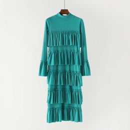 PERHAPS U Sky Blue Stand Collar Cascading Ruffle Long Sleeve Pencil Midi Dress Elegant Solid Autumn Fall Flare Sleeve D0793 210529