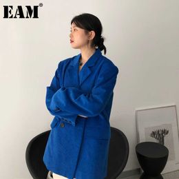 [EAM] Women Blue Corduroy Big Size Blazer New Lapel Long Sleeve Loose Fit Jacket Fashion Tide Spring Autumn 2021 1DA509 X0721