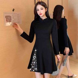Spring Autumn Women's Dress Korean Splicing Improved Version Cheongsam Long Sleeve Slim Short A-line es GX669 210507