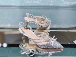 Sequined Bowknot Rhinestone Low-Top Crystal Sandals Pointed Toe High Heel European and American Women's Sheepskin Sequin Wedding