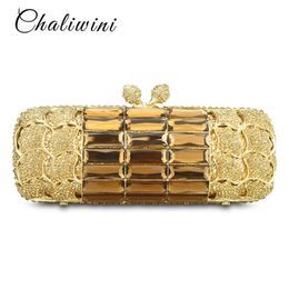 Chaliwini Luxury Gold Sequined Diamond Hollow Out Women Evening Clutch Purses Chain Wedding bag Phone Pocket Party Day Handbags 210809