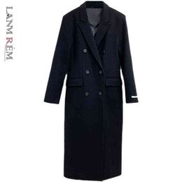 LANMREM Autumn Winter Women's Black Coats Wool Blend Trench Coat Long Coat with Button Outerwear Casual Clothes 2D1001 211118