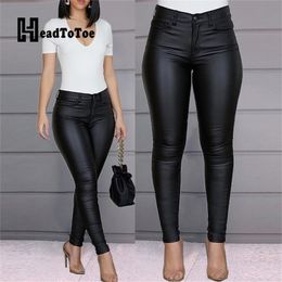 Solid Buttoned Casual Coated PU Pant Skinny Pencil 210915