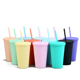 16oz Macarons Colors Acrylic Cups Plastic Matte Tumbler With Straws Flat Lid Double Wall Portable Vacuum Drinking Cup WLL885