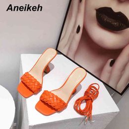 Sexy PU Woven Fabric Slippers Women Summer Peep Toe Thin High Heel Fashion Slip On Ladies Party Shoe Orange 210507