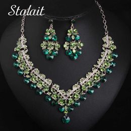 Dubai Green Rhinestone Wedding Necklace Earrings Romantic Design Bridal Jewellery Sets Silver Colour Clavicle Chain Accessories H1022