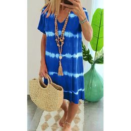 Abito casual tie-dye manica corta Abiti stampati da donna Estate scollo a V Allentato Boho Sun Beach Dress Plus Size Falda de las seoras X0521