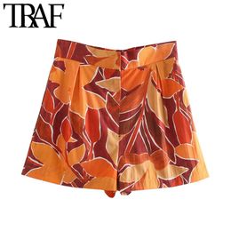 Women Chic Fashion With Darts Printed Bermuda Shorts Vintage High Elastic Waist Side Pockets Female Short Pants 210507