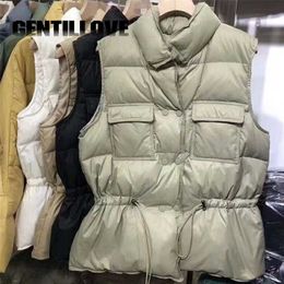 Women Ultra Light Down Vest Winter Padded Short Sleeveless Jacket Oversized Coat Stand Collar Cardigan Drawstring Outerwear Chic 211101