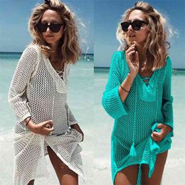 Beach Cover Up Bikini Crochet Knitted Tassel Tie wear Summer Swimsuit Sexy See-through Dress 210722