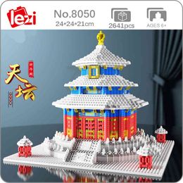 Lezi 8050 World Architecture Ancient Temple of Heaven Snow Winter Mini Diamond Blocks Bricks Building Toy for Children no Box X0503