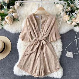 Holiday Jumpsuit Women's Summer Fashion Sexy V-neck High Waist Thin Short Flare Sleeve Lace Wide-leg Playsuits Overalls R963 210527