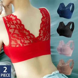 2pcs Women Bra Seamless Plus Size Bras For Women Sexy Lace Push Up Bralette Wire Free Bra With Pad Vest Top Bra Underwear Women 210728