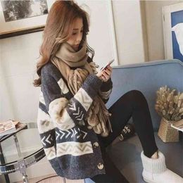 Autumn And Winter Korean Version Of Lazy Wind Loose Thin Sweater Jacket Women Mixed Color Long-sleeved Knitted Cardigan 210427