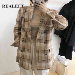 Autumn Winter Vintage Plaid Women's Blazers Double Breasted Formal Jackets Casual Notched Outerwear Female 210428