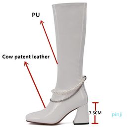 Boots Women Knee-High Autumn Winter Warm Genuine Leather Fashion Pearl Chain Side High Heels Zipper Long Shoes Woman