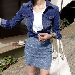 spring denim shirt women autumn fashion tight-fitting long-sleeved tops trendy all-match shirts 210429