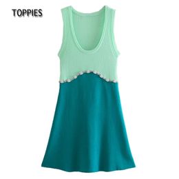 Summer Knitted Tank Dress Woman Pearl Beading Mini Slim Bodycon Patchwork Colour Design 210421
