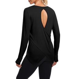 Women's Blouses & Shirts Back Hollow Shirt Open Tops Solid Colour O Neck Long Sleeve Slim Sports Asymmetric Tee Femme