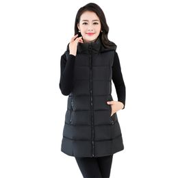 Vest Women Black L-5XL Plus Size Hooded Down Cotton Coat Autumn Winter Korean Fashion Slim Long Sleeveless Jacket LR984 210531