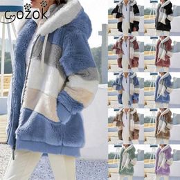 5XL Women Hooded Jacket Warm Plush Casual Loose Hooded Coat Mixed Colour Patchwork Winter Outwear Zipper Ladies Coat 220112