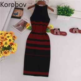 Korobov Fashion Halter Neck Slim Summer Striped Knitted Midi Dress Women Vestido Party Bodycon Tank Vestidos 78486 210430