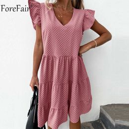 Forefair 2020 Summer V Neck Pink A Line Dress Women Ruffles Sleeveless Puff Polka Dot Print Boho Mini Casual Dresses Beach Y0726