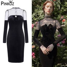 Spring Bodycon Mesh Patchwork Pencil Dress Women Long Sleeve Black Velvet Office Lady Elegant Party Midi 210421