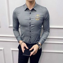 Gold Embroidery Men Dress Shirts Long Sleeve Casual Slim Fit Men Shirt Social Formal Tuxedo Party Blouse Chemise Homme 210527