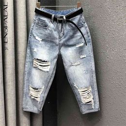 Light Color Hole Jeans Women's Summer High Waist Thin Streetwear Harem Radish Claf-length Pants Female 5B92 210427