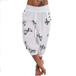 Capris Pants Women High Waist Harem Pants Lightweight Streetwear Female Pocket Baggy Capri Jogger Trousers Bottoms with Print 210319