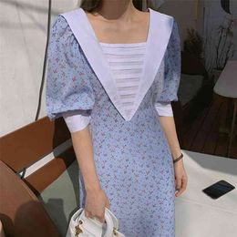 Korean elegant retro square neck stripe stitching floral midi dress female lace waist puff sleeve A-Line vestidos 210508