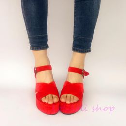 princess yoyo Canada - Princess Sweet Lolita Shoes Loliloli Yoyo Japanese Design Custom Large Size Summer Red Flock Platform Wedges Sandals An6075
