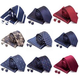 Mens Tie Cravat Cufflinks Set Necktie Fashion Stripe Jacquard Ties for Men Party Man Gift Wedding Dress Handkerchief Accessories Y1229