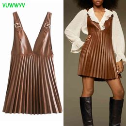 VUWWYV Spring Faux Leather Pleated Mini Dresses for Women Pinafore Skirt Sleeveless Adjustable Straps Metal Buckle Dress 210430