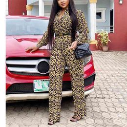 African Leopard Jumpsuits Long Sleeve Turn Down Collar High Wait Elegant Work Business Office Rompers With Belt 210510