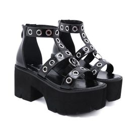 Sandals Open-Toe Metal Ring Hollow High-Heel Chunky Heel Platform Roman Shoes