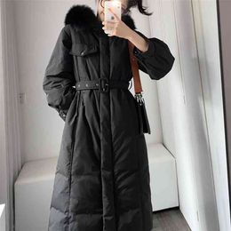 Winter Women Fox Hair Collar White Duck Down Hooded Waist Closing Temperament Coat Thick Warm Jacket with Belt 210430