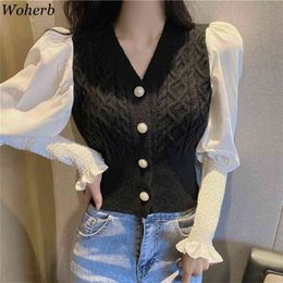 Women V-neck Cropped Cardigan Vintage Puff Sleelve Patchwork Korean Chic Slim Stretch Sweater Female Fashion Top 210519
